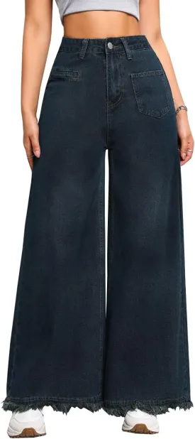 Women's Baggy Stretchy Jeans High Waisted Washed Raw Edge Wide Leg Denim Jeans