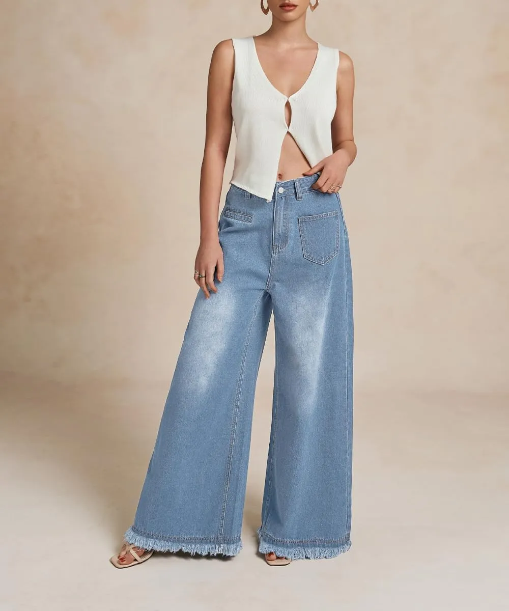 Women's Baggy Stretchy Jeans High Waisted Washed Raw Edge Wide Leg Denim Jeans