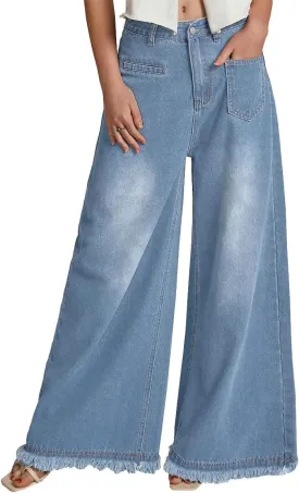 Women's Baggy Stretchy Jeans High Waisted Washed Raw Edge Wide Leg Denim Jeans