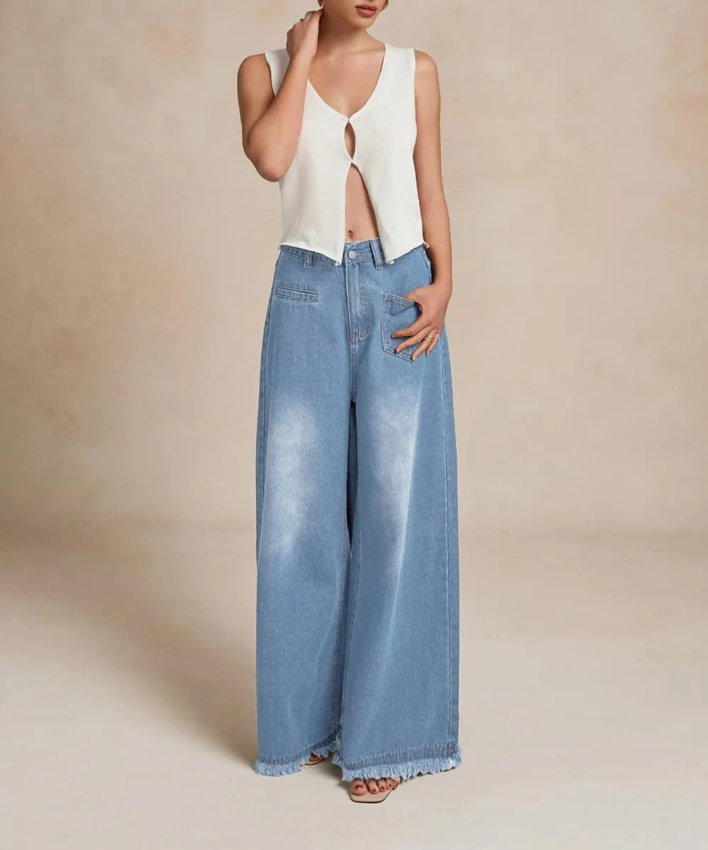 Women's Baggy Stretchy Jeans High Waisted Washed Raw Edge Wide Leg Denim Jeans