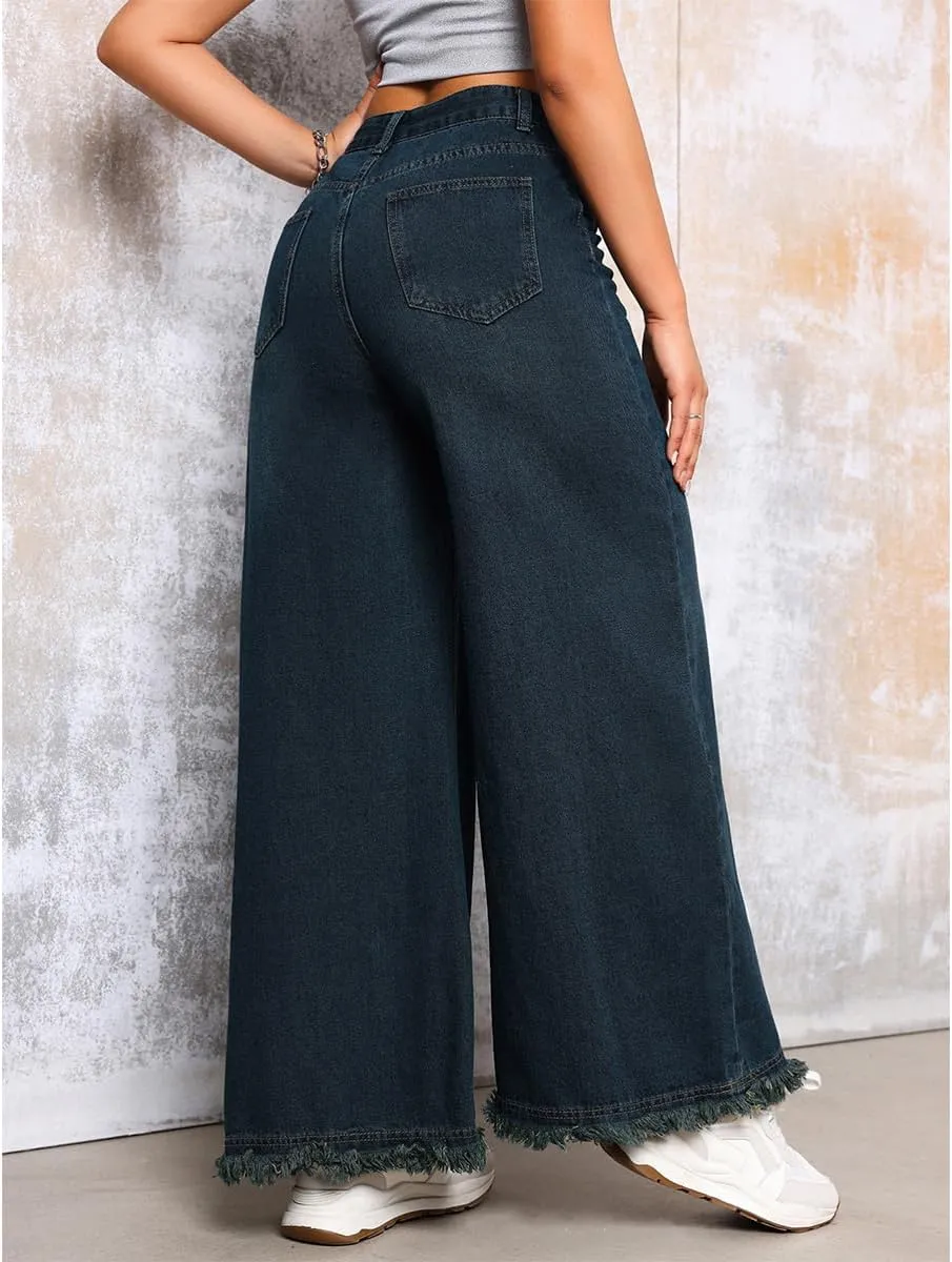 Women's Baggy Stretchy Jeans High Waisted Washed Raw Edge Wide Leg Denim Jeans