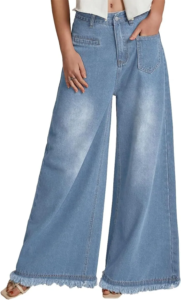 Women's Baggy Stretchy Jeans High Waisted Washed Raw Edge Wide Leg Denim Jeans