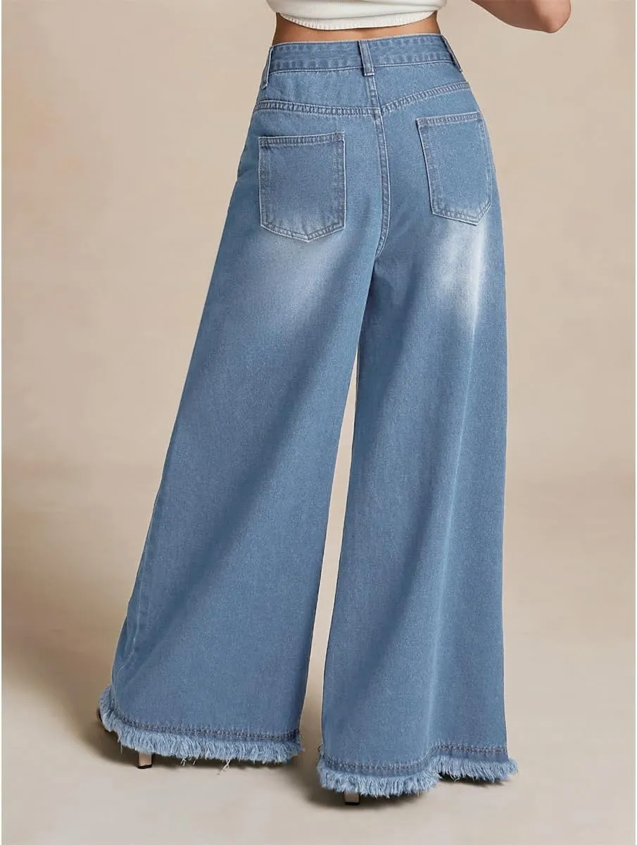Women's Baggy Stretchy Jeans High Waisted Washed Raw Edge Wide Leg Denim Jeans