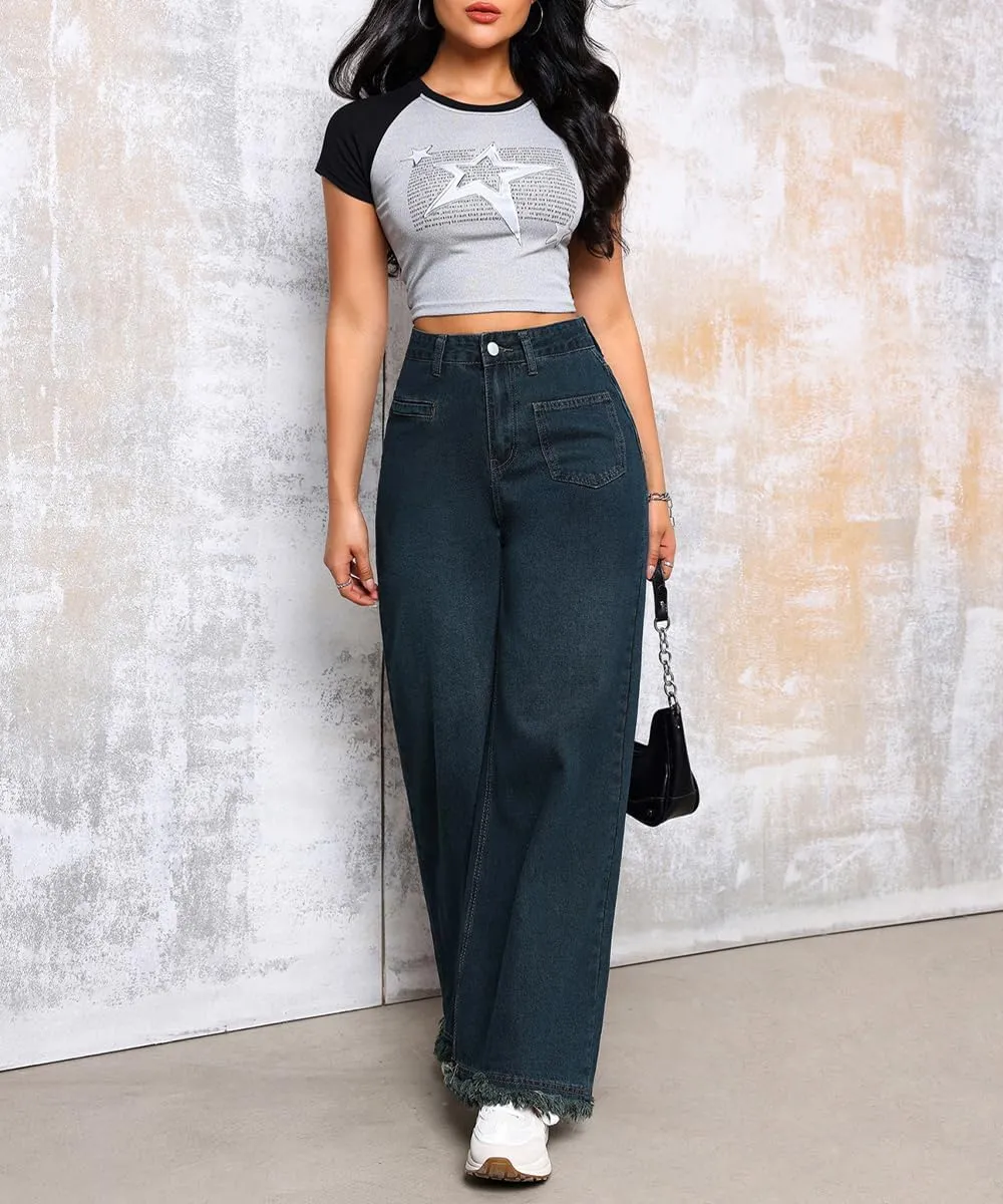 Women's Baggy Stretchy Jeans High Waisted Washed Raw Edge Wide Leg Denim Jeans