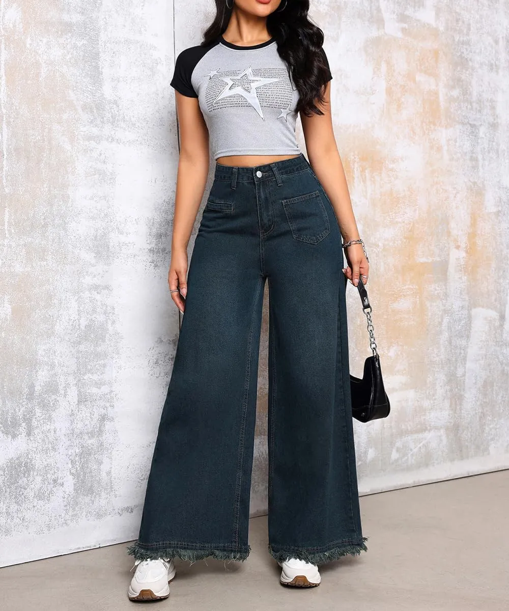 Women's Baggy Stretchy Jeans High Waisted Washed Raw Edge Wide Leg Denim Jeans