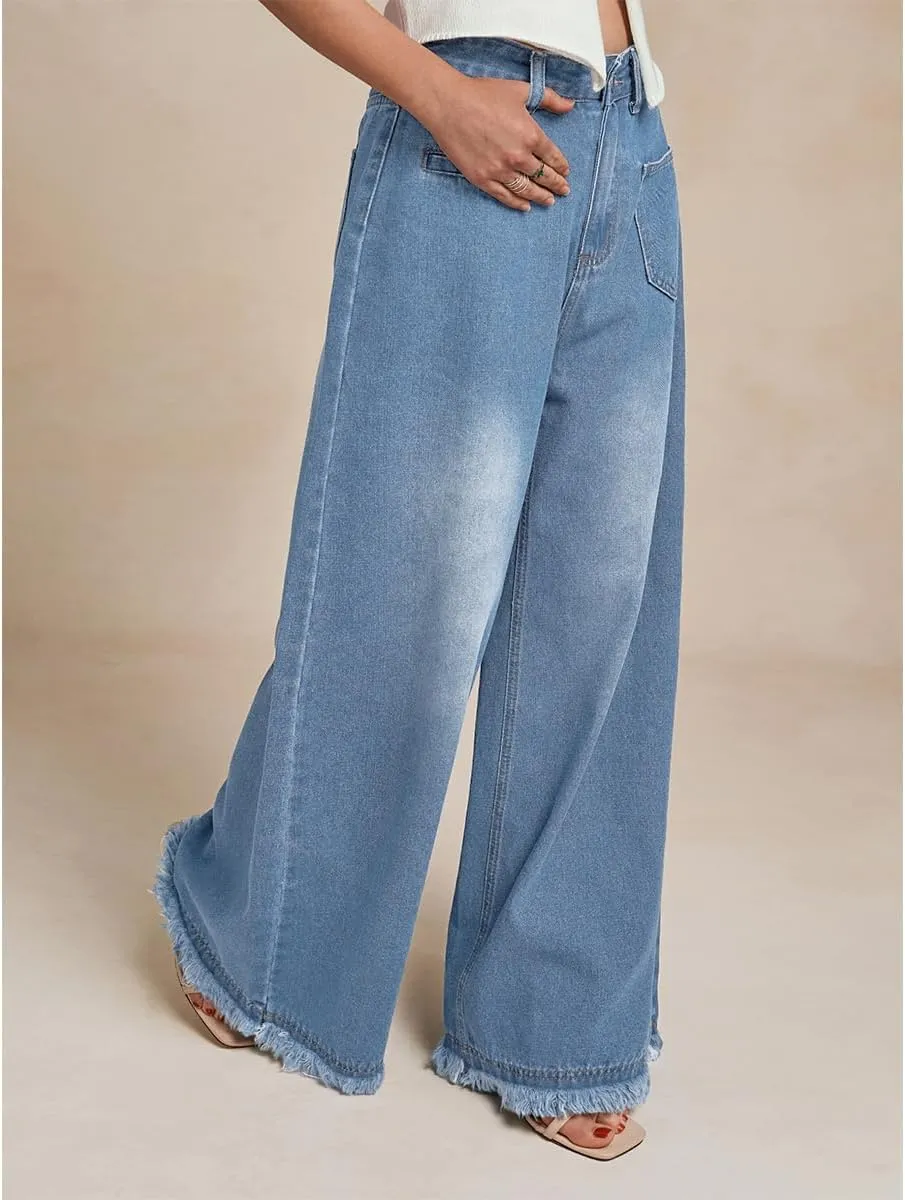 Women's Baggy Stretchy Jeans High Waisted Washed Raw Edge Wide Leg Denim Jeans