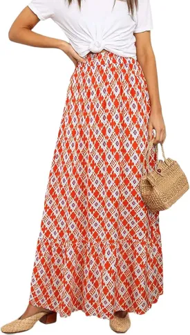 Womens Boho Maxi Skirts Summer Trendy Elastic High Waisted A Line Skort Casual Flowy Floral Ruffle Hem Beach Skirts