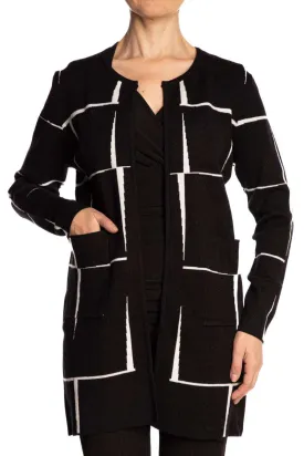 Women's Cardigan Longer Length With Pockets Black And White Quality Stretch Comfort fabric Sizes S-XXLARGE
