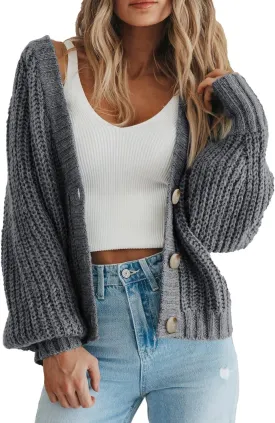Womens Chunky Knit Pure Colour Open Front Sweater Long Sleeve Button Loose Short Cardigan Outerwear Coats