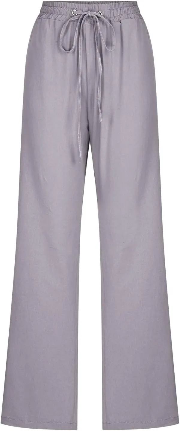 Womens Cotton Linen Pants Straight Leg Lounge Trousers High Waisted Casual Relaxed Fit Long Pant with Pocket