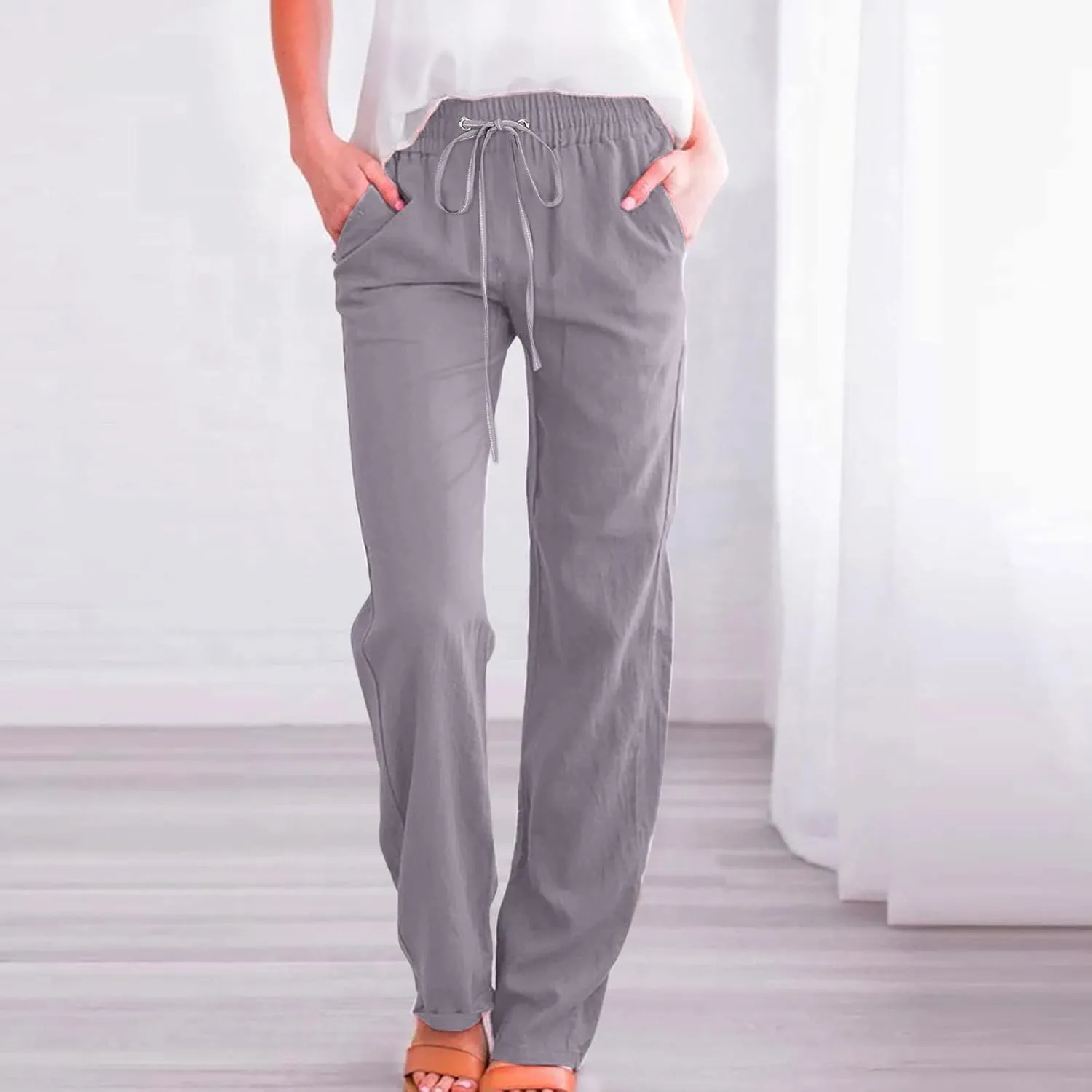 Womens Cotton Linen Pants Straight Leg Lounge Trousers High Waisted Casual Relaxed Fit Long Pant with Pocket