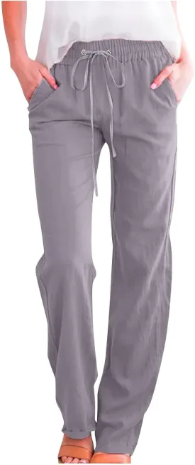 Womens Cotton Linen Pants Straight Leg Lounge Trousers High Waisted Casual Relaxed Fit Long Pant with Pocket