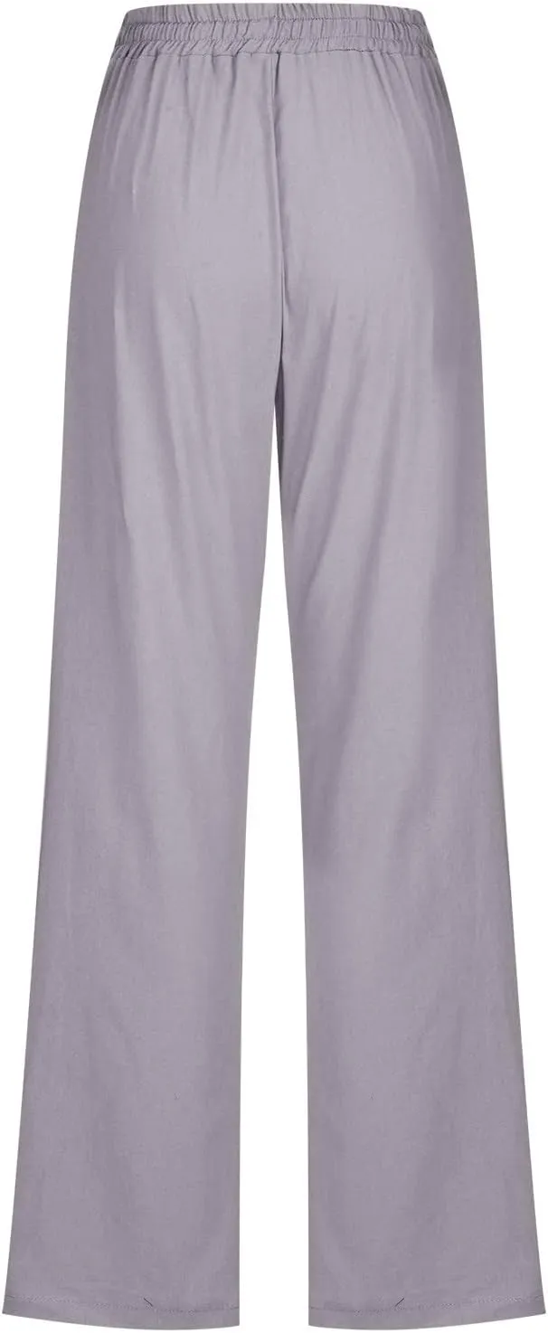 Womens Cotton Linen Pants Straight Leg Lounge Trousers High Waisted Casual Relaxed Fit Long Pant with Pocket