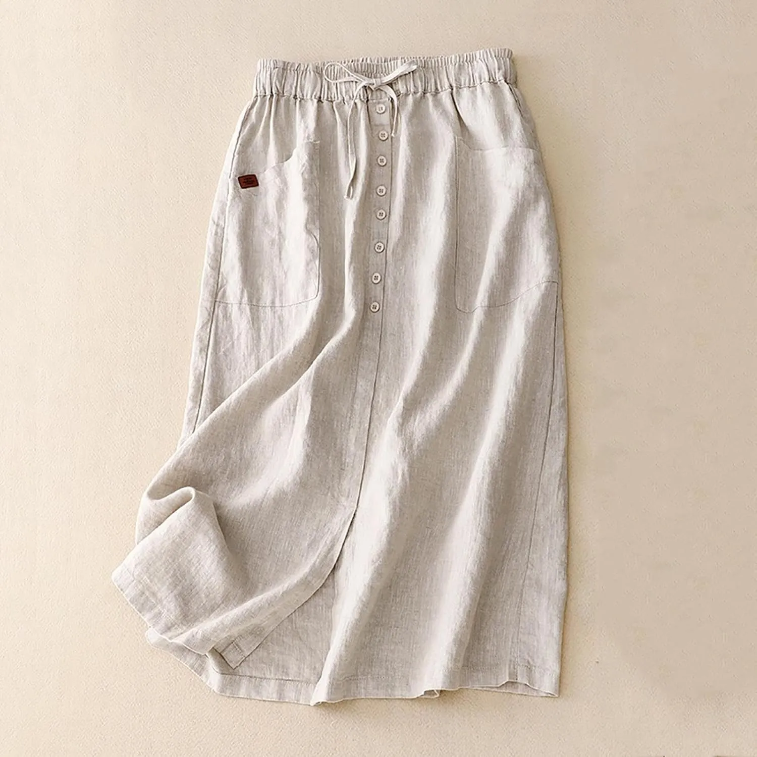 Womens Cotton Linen Skirts Summer Casual Loose Fit High Waisted Drawstring Pleated Swing Midi Skirt with Pockets