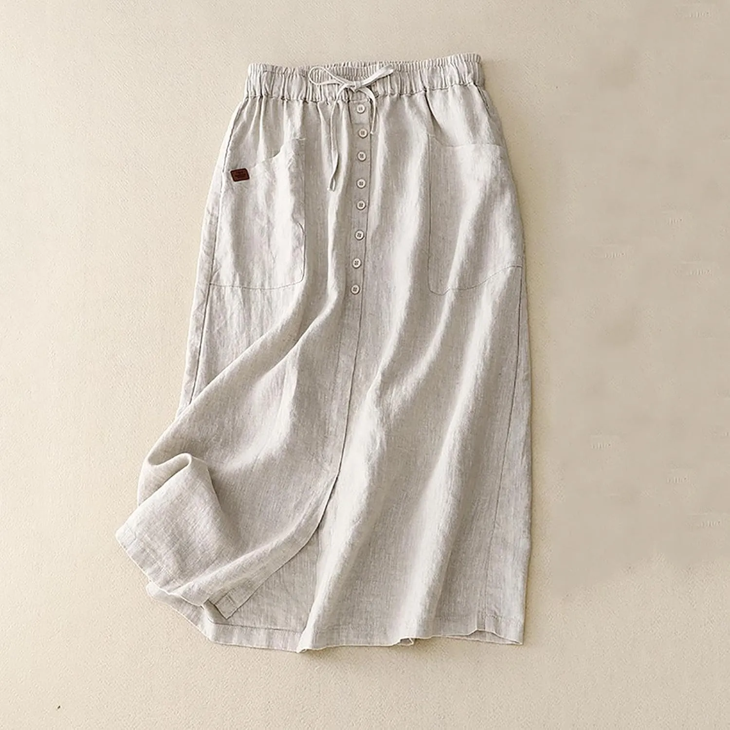 Womens Cotton Linen Skirts Summer Casual Loose Fit High Waisted Drawstring Pleated Swing Midi Skirt with Pockets