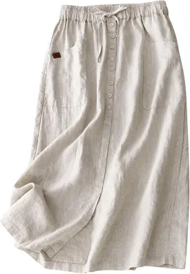 Womens Cotton Linen Skirts Summer Casual Loose Fit High Waisted Drawstring Pleated Swing Midi Skirt with Pockets