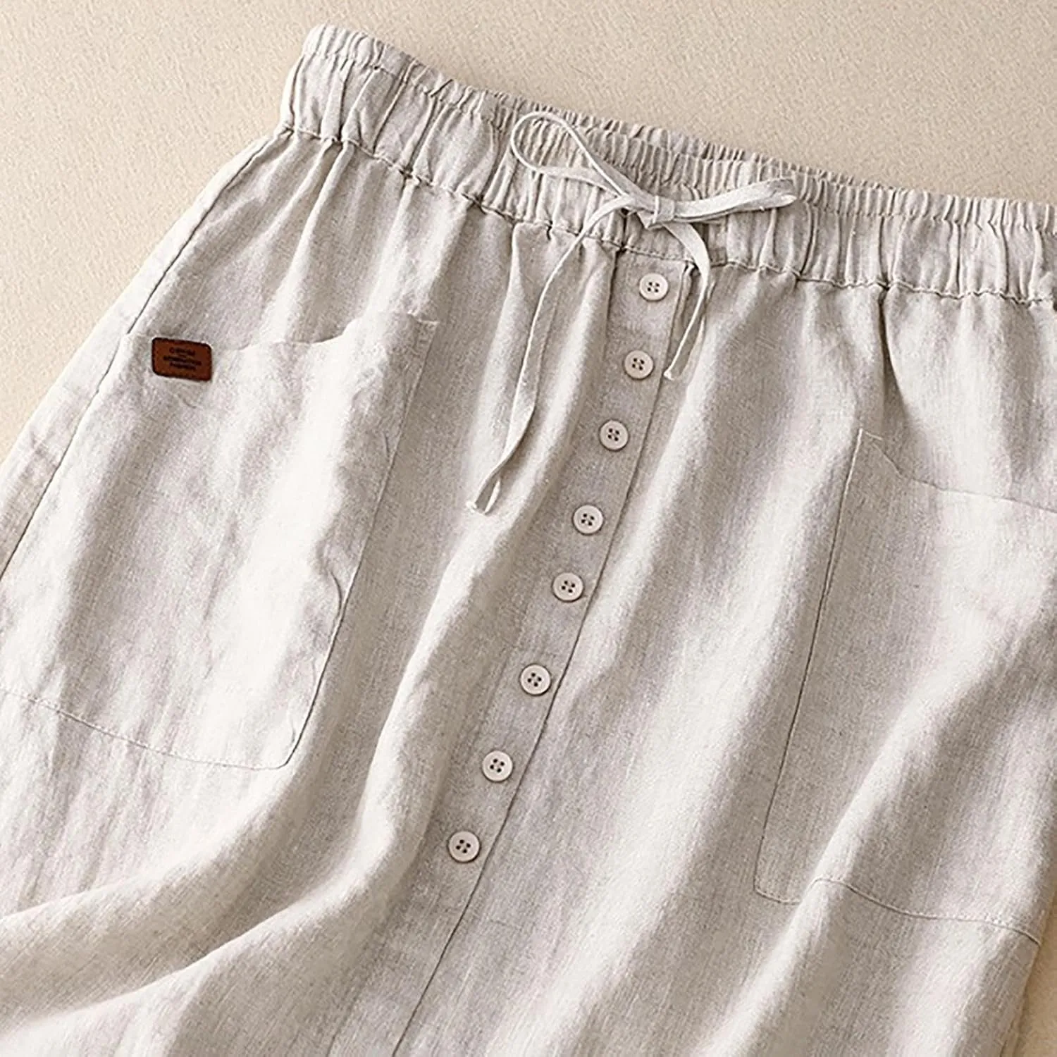 Womens Cotton Linen Skirts Summer Casual Loose Fit High Waisted Drawstring Pleated Swing Midi Skirt with Pockets