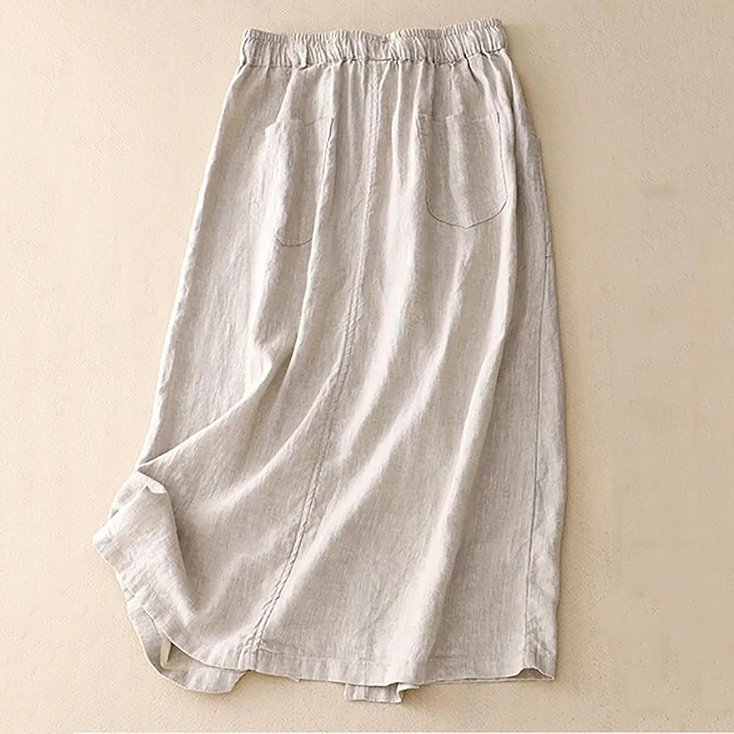 Womens Cotton Linen Skirts Summer Casual Loose Fit High Waisted Drawstring Pleated Swing Midi Skirt with Pockets