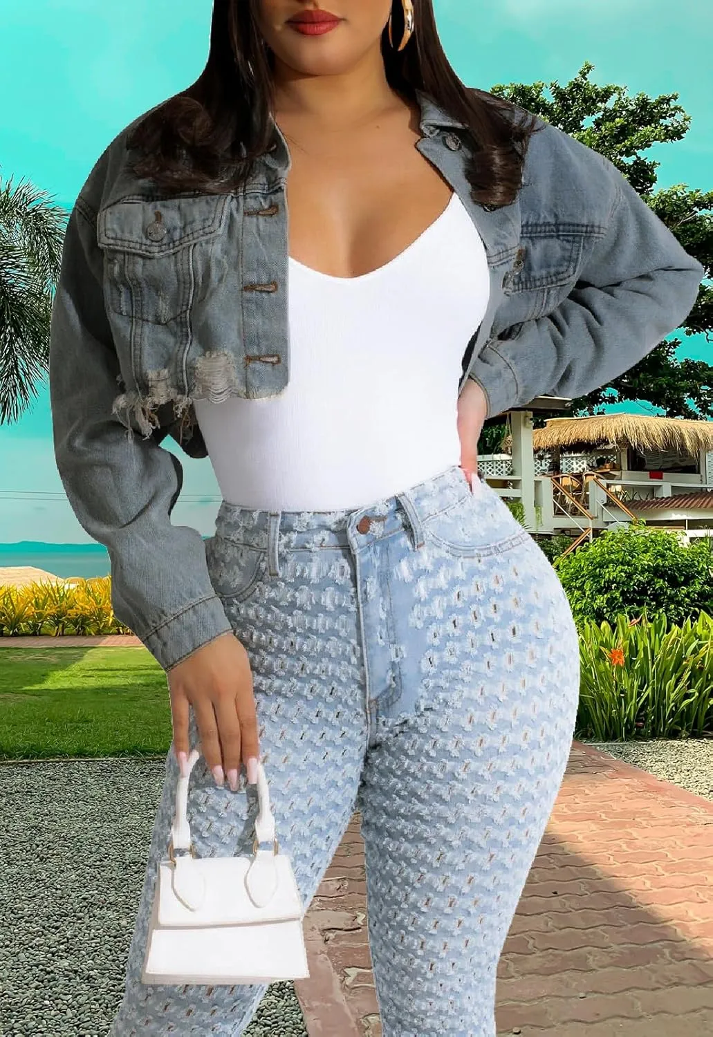 Women's Crop Top Jean Jacket Button Down Long Sleeve Cropped Denim Jacket Coat