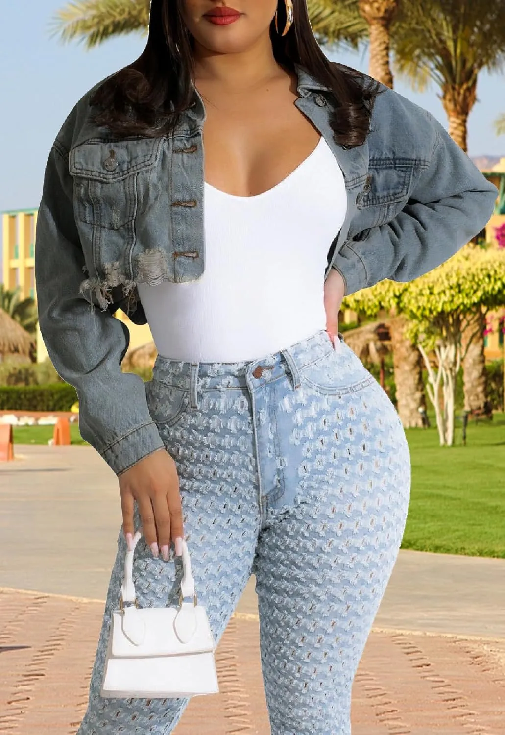 Women's Crop Top Jean Jacket Button Down Long Sleeve Cropped Denim Jacket Coat