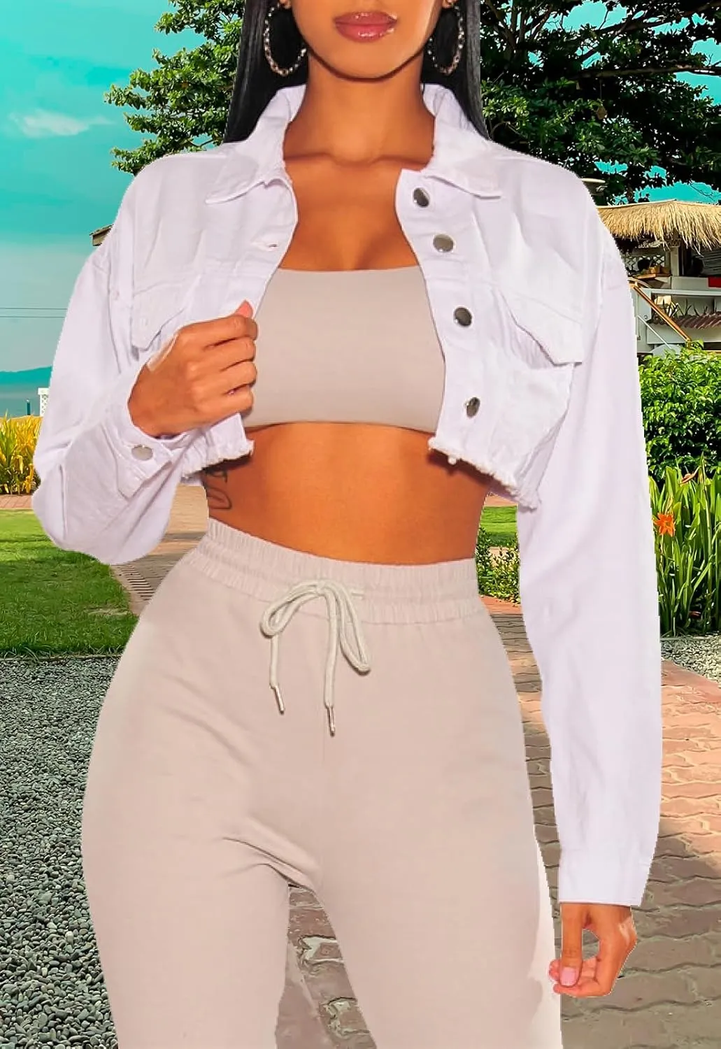 Women's Crop Top Jean Jacket Button Down Long Sleeve Cropped Denim Jacket Coat