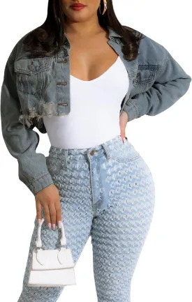 Women's Crop Top Jean Jacket Button Down Long Sleeve Cropped Denim Jacket Coat