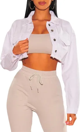 Women's Crop Top Jean Jacket Button Down Long Sleeve Cropped Denim Jacket Coat