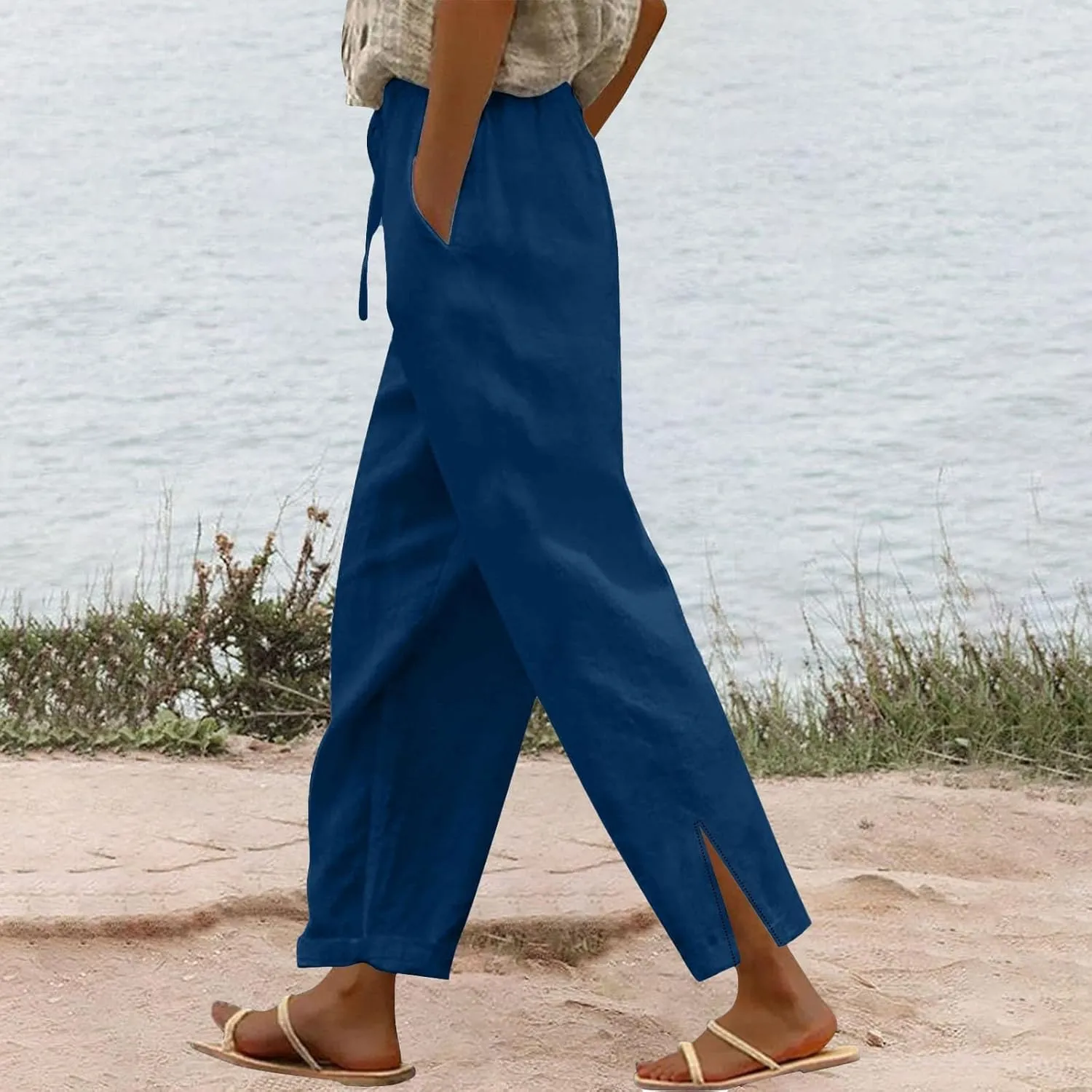 Women's Fashion Loose Casual Solid Color Cotton Linen Dressy Loose Fit Pants