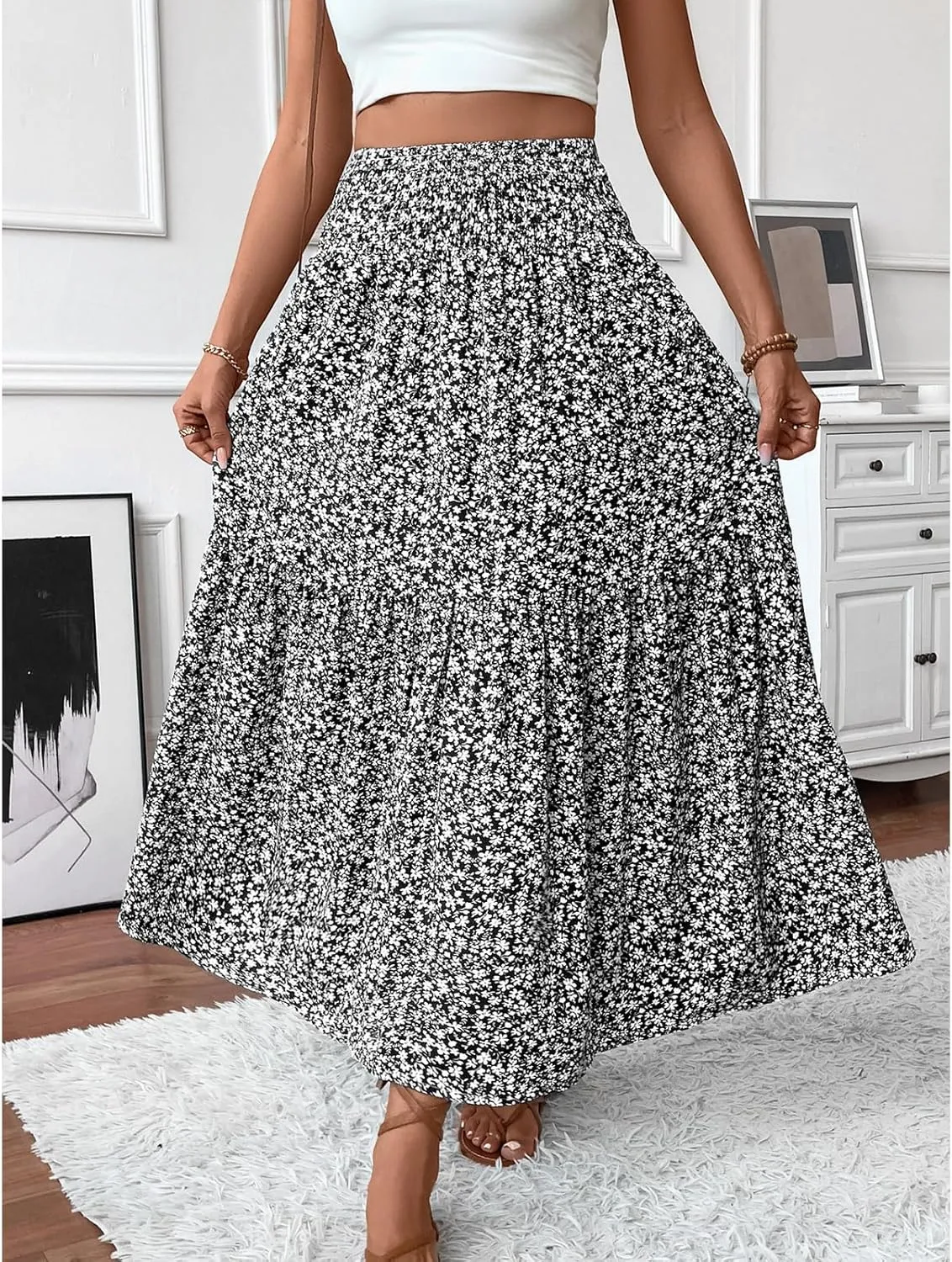 Womens High Elastic Waisted Skirts Summer Pleated Floral A-Line Midi Skirts Lightweight Boho Swing Flowy Skirt