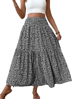Womens High Elastic Waisted Skirts Summer Pleated Floral A-Line Midi Skirts Lightweight Boho Swing Flowy Skirt