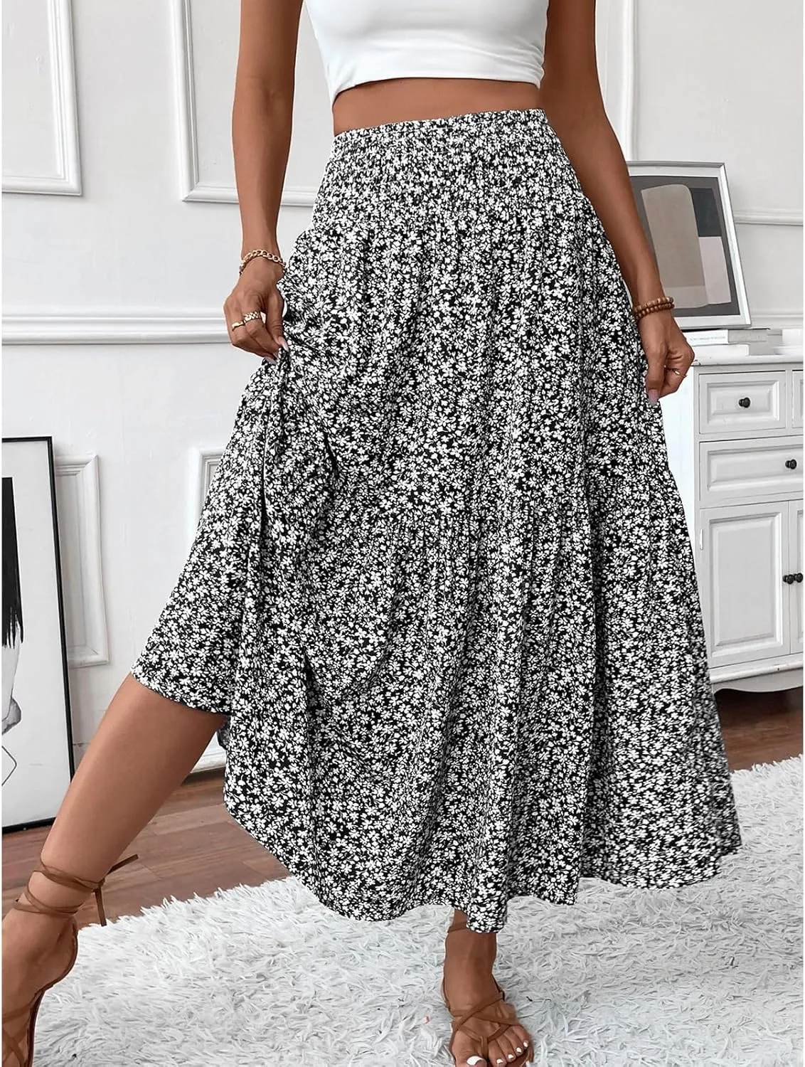 Womens High Elastic Waisted Skirts Summer Pleated Floral A-Line Midi Skirts Lightweight Boho Swing Flowy Skirt