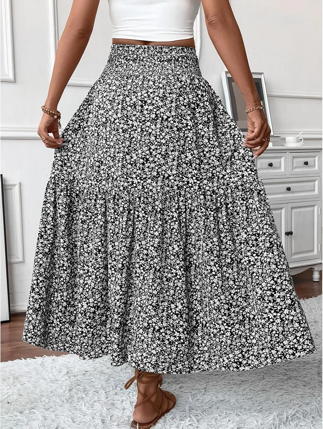 Womens High Elastic Waisted Skirts Summer Pleated Floral A-Line Midi Skirts Lightweight Boho Swing Flowy Skirt