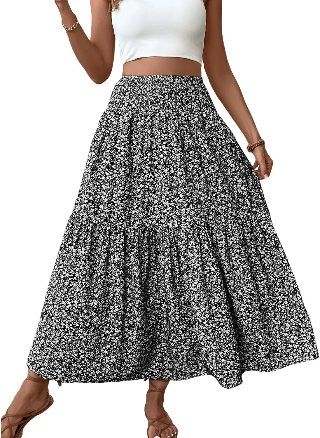 Womens High Elastic Waisted Skirts Summer Pleated Floral A-Line Midi Skirts Lightweight Boho Swing Flowy Skirt