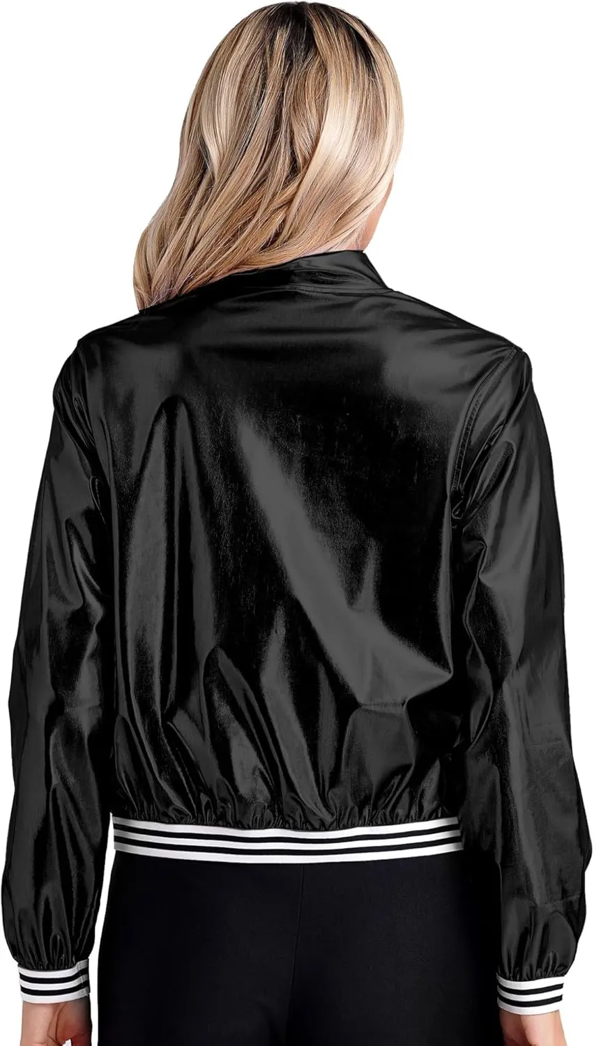 Women's Sparkly Holographic Jackets Front Zip Long Sleeve Elastic Striped Bands Cute Jackets