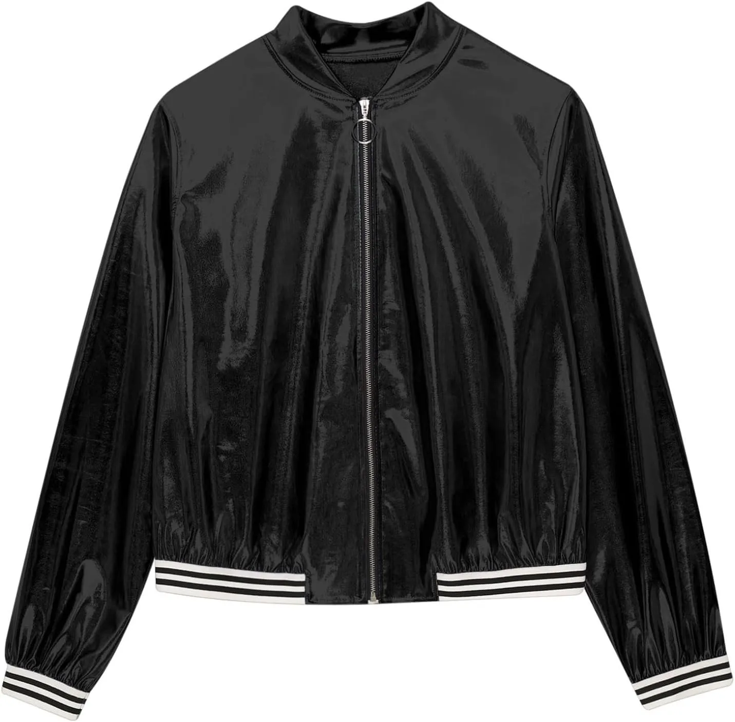 Women's Sparkly Holographic Jackets Front Zip Long Sleeve Elastic Striped Bands Cute Jackets