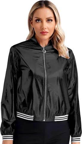 Women's Sparkly Holographic Jackets Front Zip Long Sleeve Elastic Striped Bands Cute Jackets
