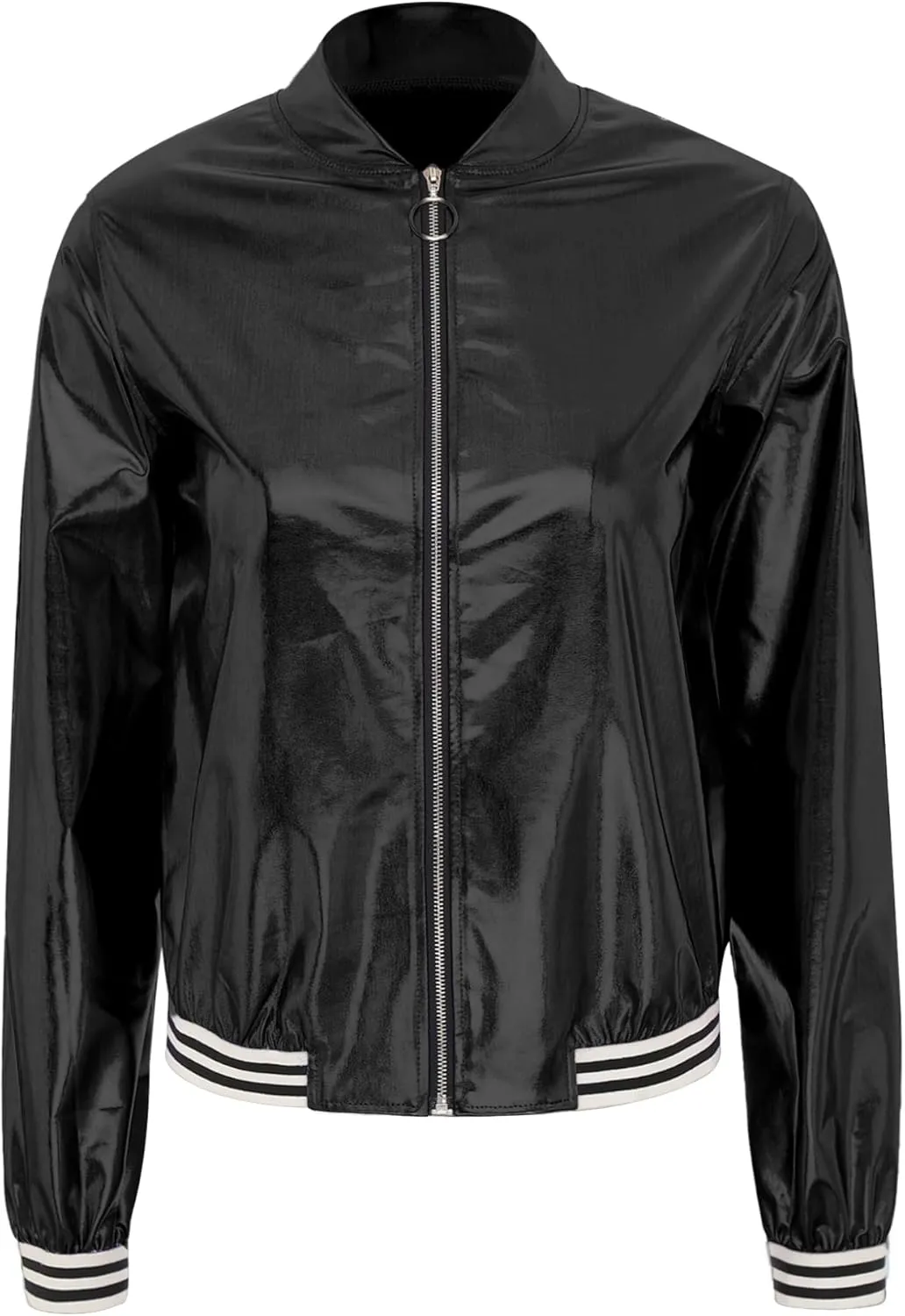 Women's Sparkly Holographic Jackets Front Zip Long Sleeve Elastic Striped Bands Cute Jackets