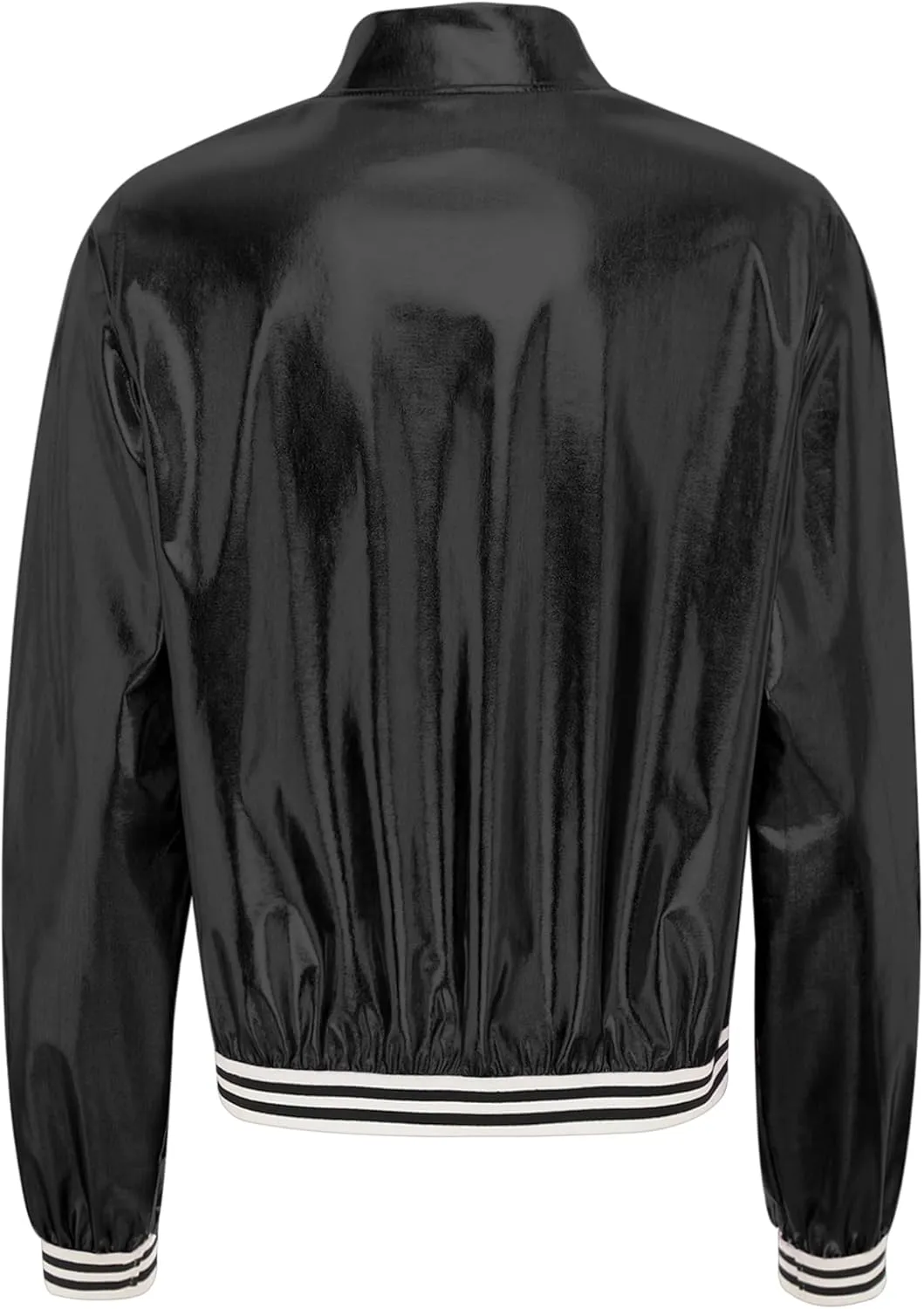 Women's Sparkly Holographic Jackets Front Zip Long Sleeve Elastic Striped Bands Cute Jackets