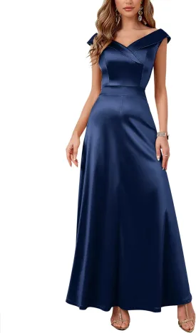 Women's Vintage 1950s V Neck Satin Cocktail Bridesmaid Floor Length Dress