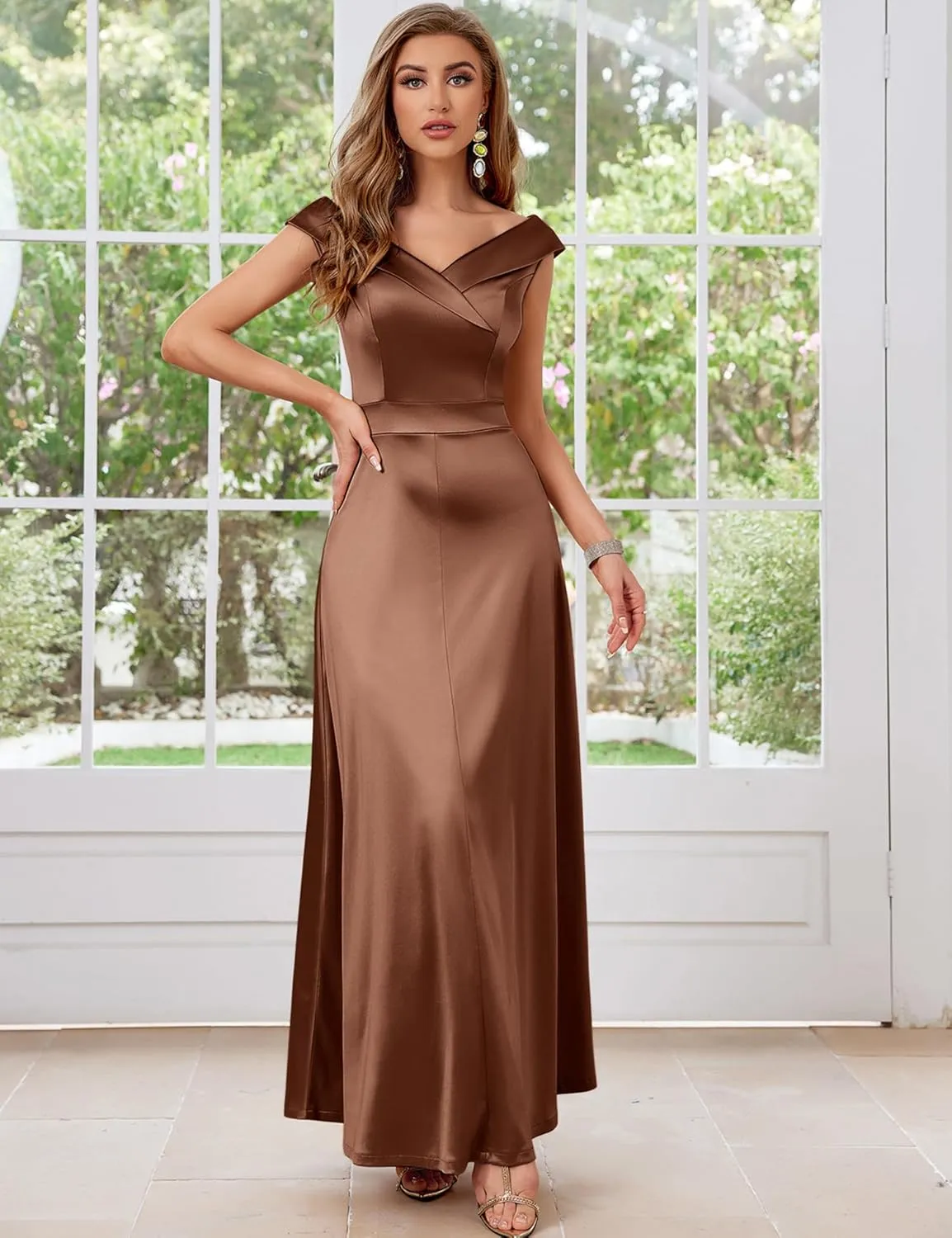 Women's Vintage 1950s V Neck Satin Cocktail Bridesmaid Floor Length Dress