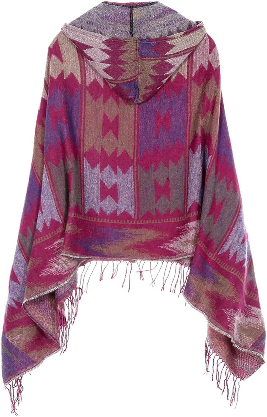 Women's Vintage Plaid Knitted Tassel Poncho Shawl Cape Button Cardigan