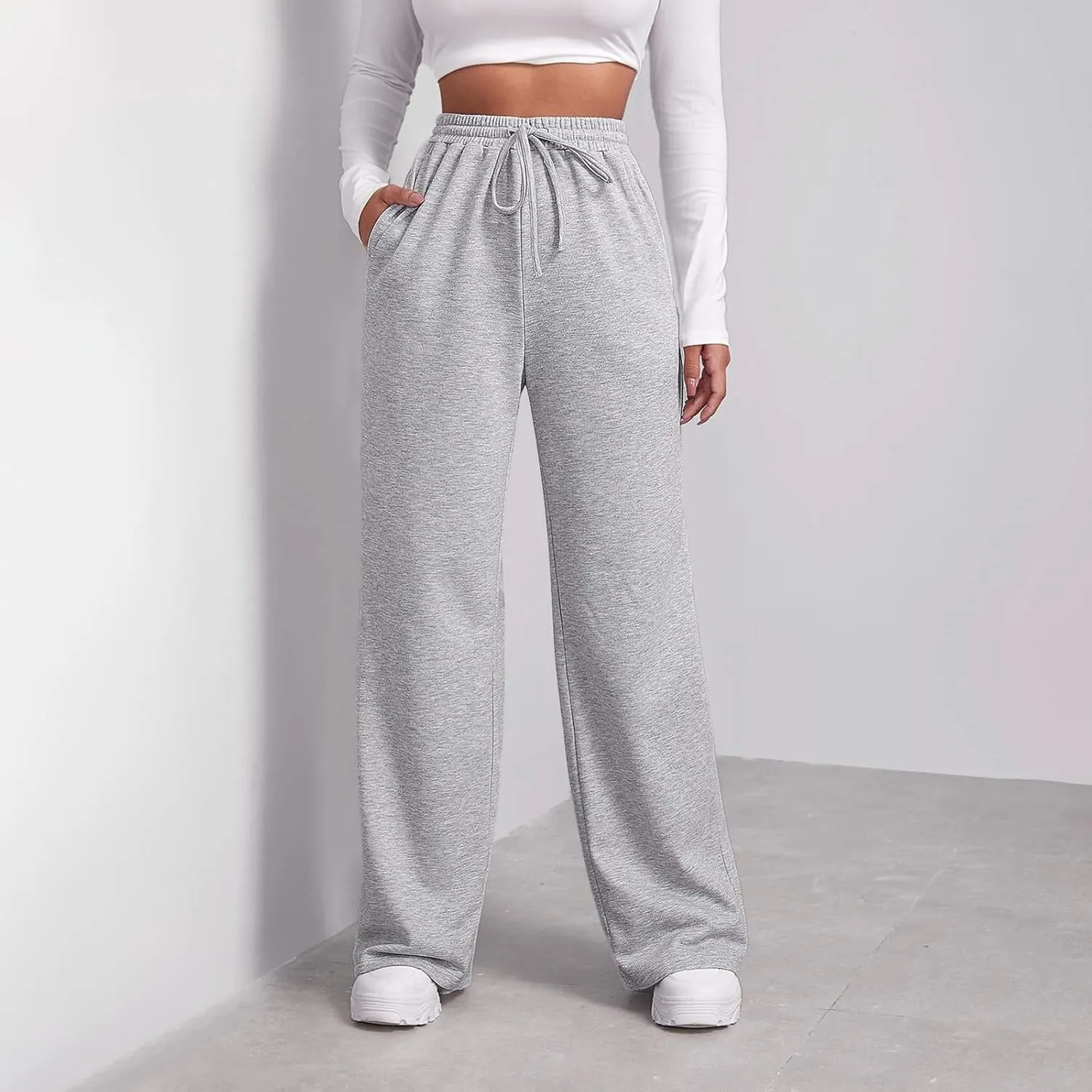 Women's Wide Leg Sweatpants 2025 Trendy Drawstring Baggy Sweatpants High Waisted Lounge Trousers Casual Jogger